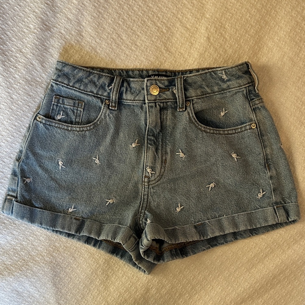 PLAYBOY Embroidered Bunny Blue Jean Shorts
